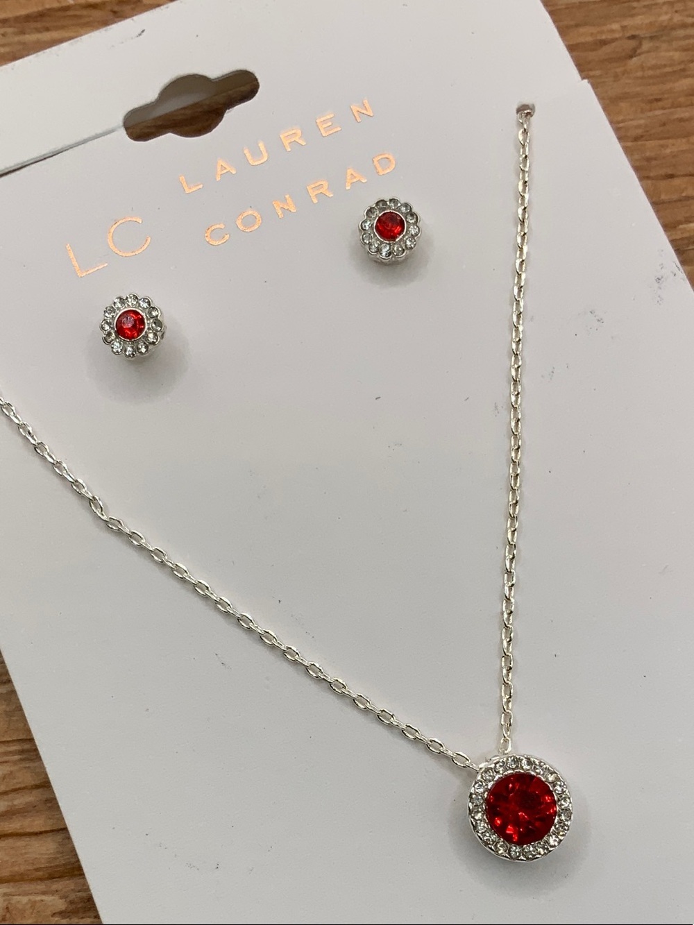 LC Lauren Conrad Silver-Tone Necklace and Red Crystal Stud Earrings Set